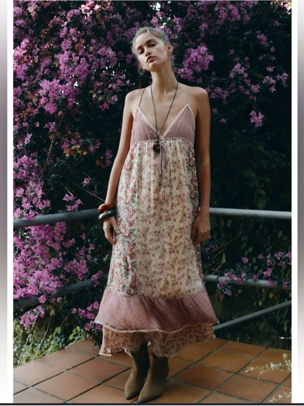 Zara Floral Pink Lace-Trim Maxi Slip Dress